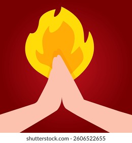 Hands in prayer against a background of fire to the pentecost on a dark red background