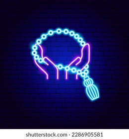 Hands Prayer Beads Neon Sign. Vector Illustration of Religion Arabian Glowing Symbol.