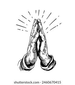 Hands in prayer, engraving style. Hand drawn set, vector illustration, black outline