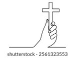 Hands in prayer in front of cross one line drawing of christian three outline vector icon