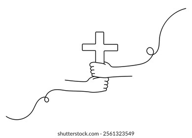 Hands in prayer in front of cross one line drawing of christian three outline vector icon