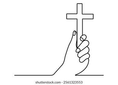 Hands in prayer in front of cross one line drawing of christian three outline vector icon