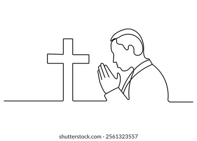 Hands in prayer in front of cross one line drawing of christian three outline vector icon