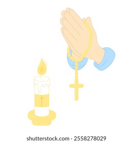 Hands in Prayer with Rosary and Cross Burning Candle Vector Illustration