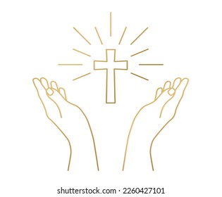 hands in praying, blessing position and cross  -vector illustration