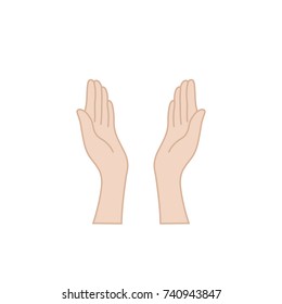 hands praying for help raised upwards. concept of uplifted female arms or assistance or meditation gesture. vintage flat style trend art linear logo graphic design isolated on white background