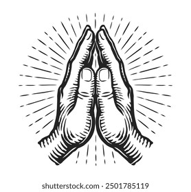 Hands in praying position. Prayer, faith and hope emblem. Hand drawn sketch vector illustration