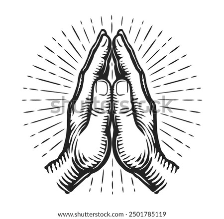 Hands in praying position. Prayer, faith and hope emblem. Hand drawn sketch vector illustration