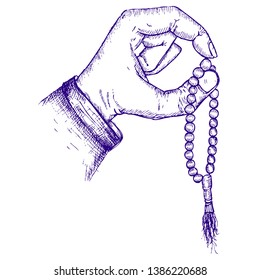 hands praying and prayer beads, illustration