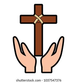 hands praying the sacred cross christianity vector illustration