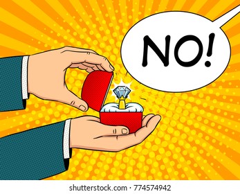 Hands with precious diamond ring pop art retro vector illustration. Marriage proposal metaphor. Comic book style imitation.
