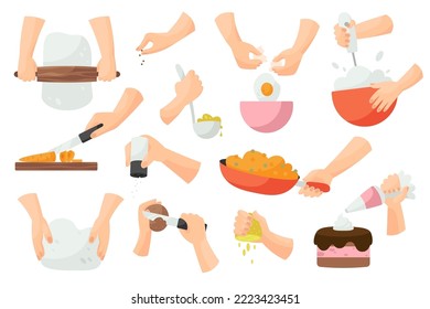 Hands prepare food set. Frying eggs and whipping cream with mixer, work with dough, cutting and slicing, adding salt and pepper, cooking meal. Vector illustration