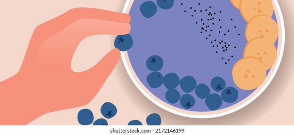 Hands prepare Smoothie bowls with blueberries, flat vector stock illustration with healthy vegan food
