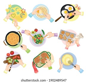 Hands Preparing And Cooking Food Above View Vector Set