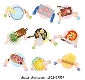 Hands Preparing And Cooking Food Above View Vector Set