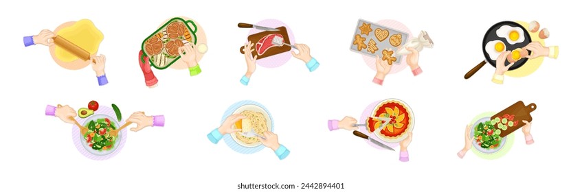 Hands Preparing and Cooking Food Above View Vector Set