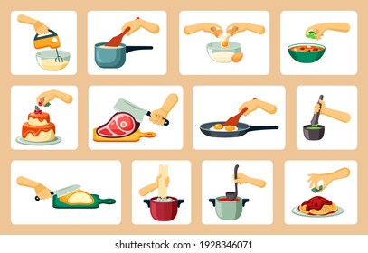 Hands preparing culinary masterpieces set. Neat slicing of smoked ham frying scrambled eggs and whipping cream with mixer boiling pasta in water and decorating with lettuce. Vector cartoon dinner.