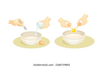 Hands preparing dough in bowl. Bakery, kneading pastry for cookies, buns, pizza or bread vector illustration