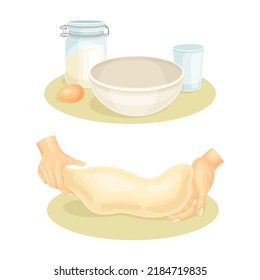 Hands preparing dough for cookies, buns, pizza or bread set. Ingredients for dough cooking vector illustration