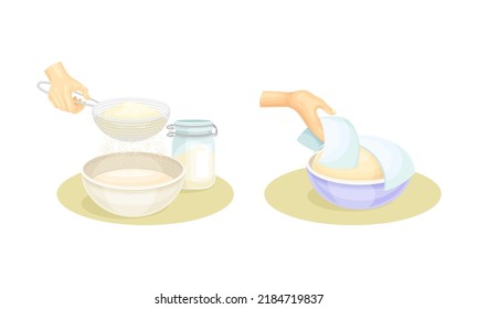 Hands preparing dough for cookies, buns, pizza or bread set. Sifting flour and kneading dough vector illustration