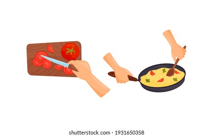 Hands Preparing Food Chopping Tomatoes and Frying Omelette in Frying Pan Vector Set