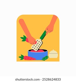 Manos que preparan la comida con el rallador en la Ilustración vectorial plana que simboliza la preparación de la comida, cocinar, y tareas de la cocina, aisladas en el fondo blanco