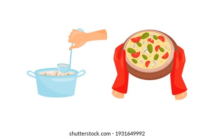 Hands Preparing Food Holding Baked Pizza with Potholder and Making Soup Vector Set