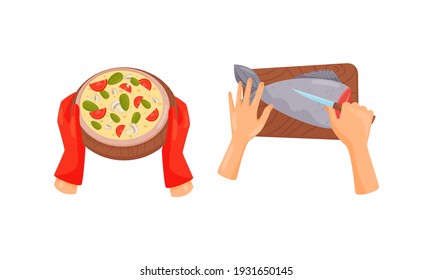 Hands Preparing Food Holding Baked Pizza with Potholder and Splitting Fish Vector Set