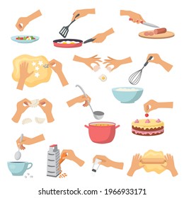 Hands preparing food. Kitchen cooking utensils preparing products processes soup cakes fish and salad recent vector flat pictures set