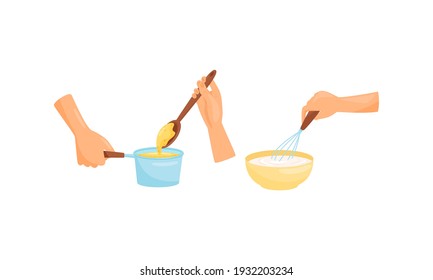 Hands Preparing Food Making Dough Mixing Ingredients Vector Set