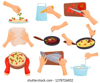 Hands Preparing Food, Process Of Cooking Pasta, Meat, Pizza, Fish Vector Illustration On A White Background