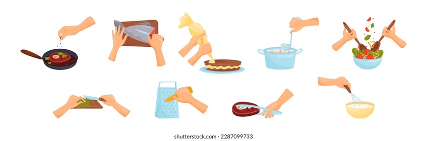 Hands Preparing Food Process of Cooking Vector Set