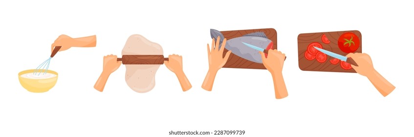 Preparación manual del proceso alimentario del conjunto de vectores de cocina