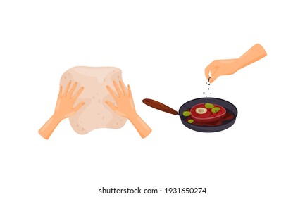 Hands Preparing Food Rolling Out Dough and Peppering Steak on Frying Pan Vector Set