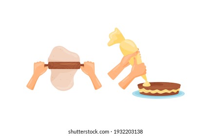 Preparación de la masa alimenticia y decoración de pasteles con un conjunto de vectores de bolsitas de pastelería