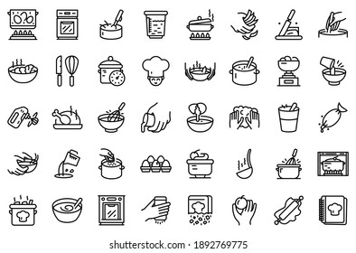 Hands preparing foods icons set. Outline set of hands preparing foods vector icons for web design isolated on white background