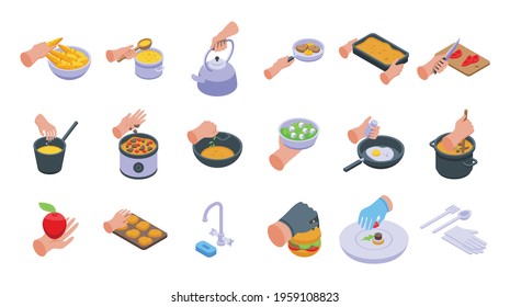 Hands preparing foods icons set. Isometric set of hands preparing foods vector icons for web design isolated on white background