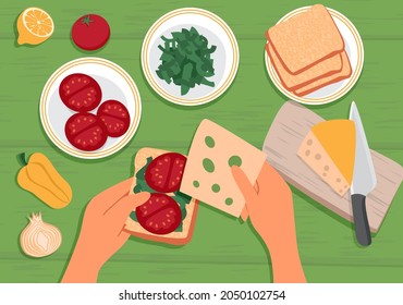 Hands are preparing a sandwich. On the table are ingredients: tomato, onion, pepper, lemon, herbs, cheese and bread. Top view. The concept of cooking at home. Vector Illustration, flat style