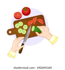 Hands Preparing Vegetable Salad Chopping Cucumber and Tomato on Cutting Board Above View Vector Illustration