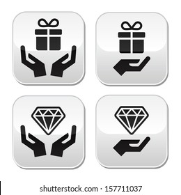Hands with present and diamond buttons set