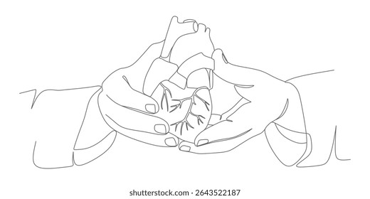 Hands Presenting Anatomical Heart – Minimalist Continuous‑Line Cardiovascular Illustration	