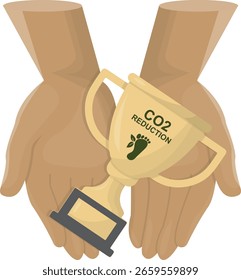 Hände mit goldener CO2-Reduktionstrophäe, Fußabdruck-Symbol einzeln auf transparentem Hintergrund. Exzellenz im Umweltbereich. CO2-Reduktionstrophie. Kohlenstoffneutral. Netto Null. Vektorgrafik