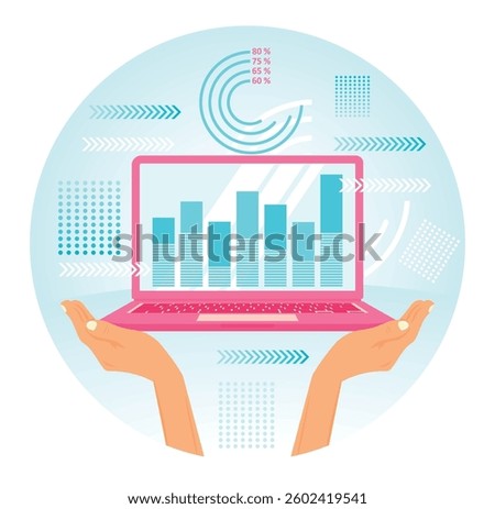 hands presenting a laptop with analytical charts, symbolizing data analysis and business insights. Flat vector illustration  