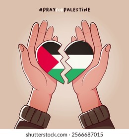 hands presenting the Palestinian flag in the shape of a broken heart, a representation of the sadness that occurs in Palestine