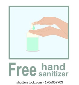 las manos presionan el frasco de la bomba del limpiaparabrisas con gota en el rectángulo de contorno verde y tiene texto. desinfectante manual. higiene personal. desinfectador de manos. ilustración vectorial.
