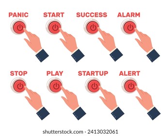 Hands pressing buttons labeled different emotions. Evoke expressions. Panic and stress. Success start. Finger click. Play and stop. Arm gestures. Startup choose. Vector forefingers set