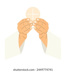 hands of priest holding holy eucharistic host, communion, wafer; it's ideal for religious publications, church newsletters, or spiritual websites- vector illustration