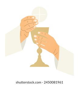 hands of priest holding holy eucharistic host and chalice, communion, wafer; it's ideal for religious publications, church newsletters, or spiritual websites- vector illustration