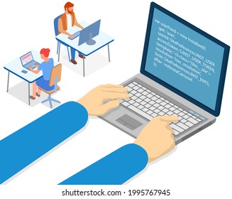 Hands of programmer working on computer. Programming or coding concept. Carton characters work with program code sitting at workplace. IT specialists are engaged in programming. Person writes code