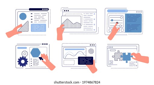 Hands programming app. Engineering apps, ui hand creating. Build application, creative team creation work project. Web designer utter vector concept